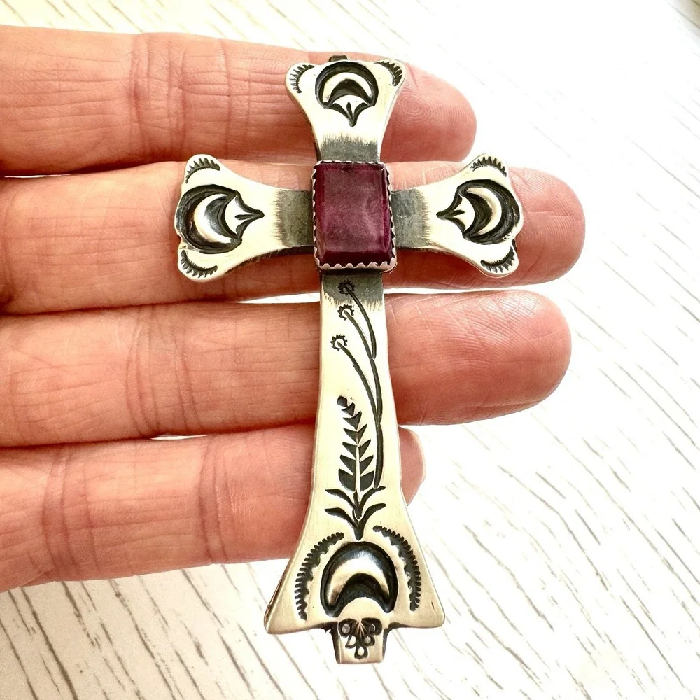 Navajo Cross Pendant 2.7in Purple Spiny Oyster Yucca Sterling V Cayancito Signed